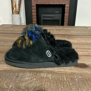 Bearpaw Alexia Black Suede Slippers with Faux Fur Trim